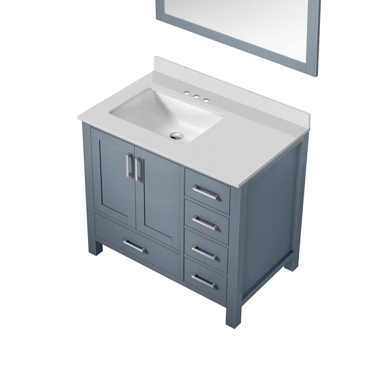 Jacques 36" Dark Grey Single Vanity, White Quartz Top, White Square Sink and 34" Mirror - Left Version