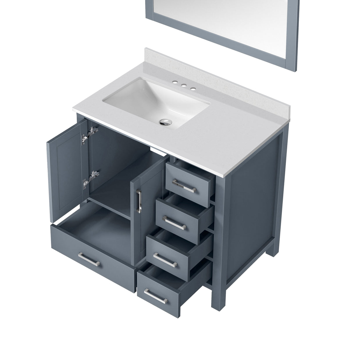 Jacques 36" Dark Grey Single Vanity, White Quartz Top, White Square Sink and 34" Mirror - Left Version