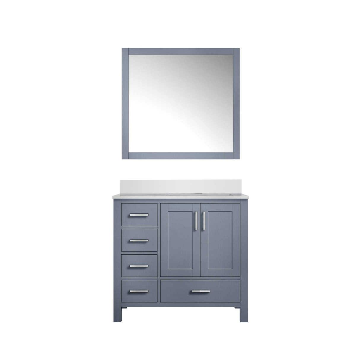 Jacques 36" Dark Grey Single Vanity, White Quartz Top, White Square Sink and 34" Mirror - Right Version