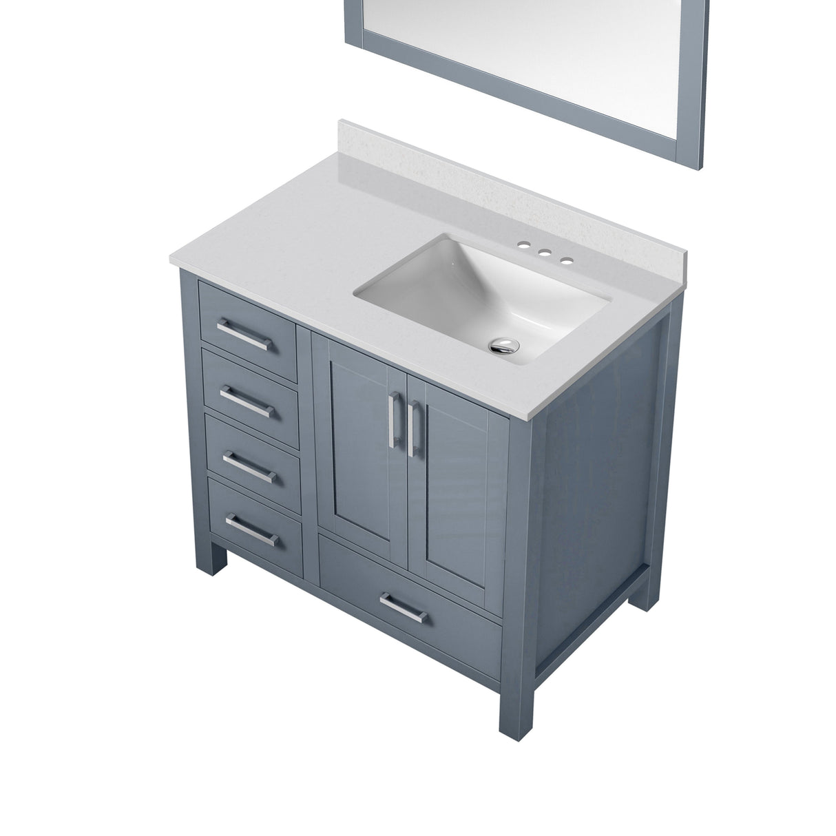 Jacques 36" Dark Grey Single Vanity, White Quartz Top, White Square Sink and 34" Mirror - Right Version