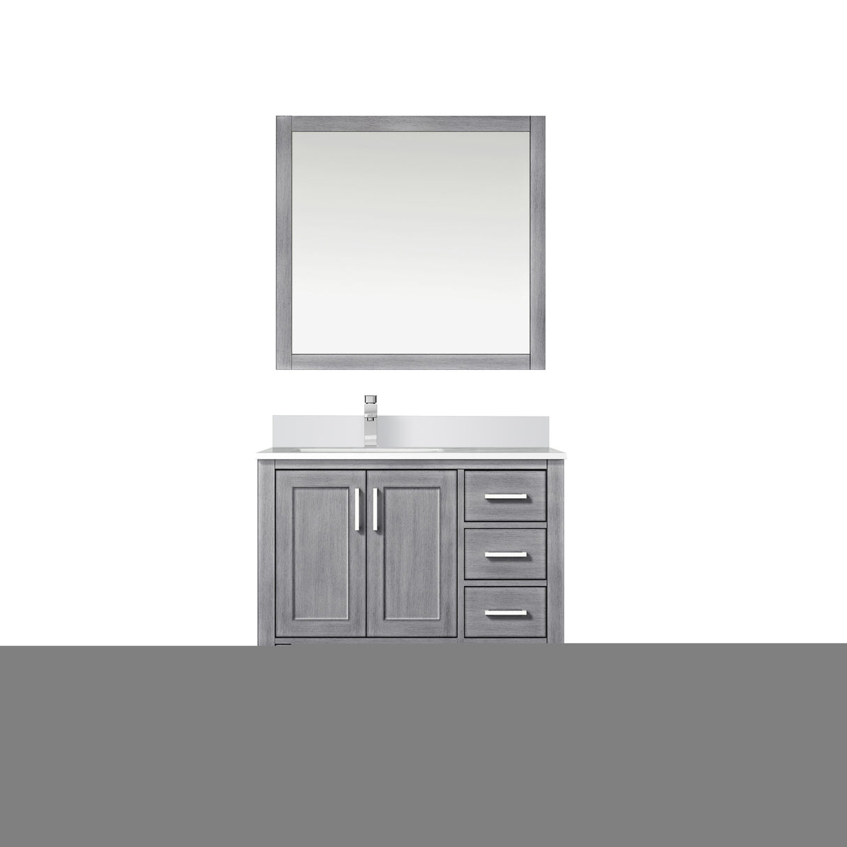 Jacques 36" Distressed Grey Single Vanity, White Quartz Top, White Square Sink and 34" Mirror w/ Faucet - Left Version