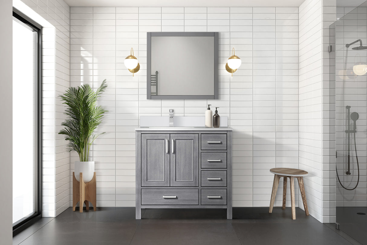 Jacques 36" Distressed Grey Single Vanity, White Quartz Top, White Square Sink and 34" Mirror - Left Version
