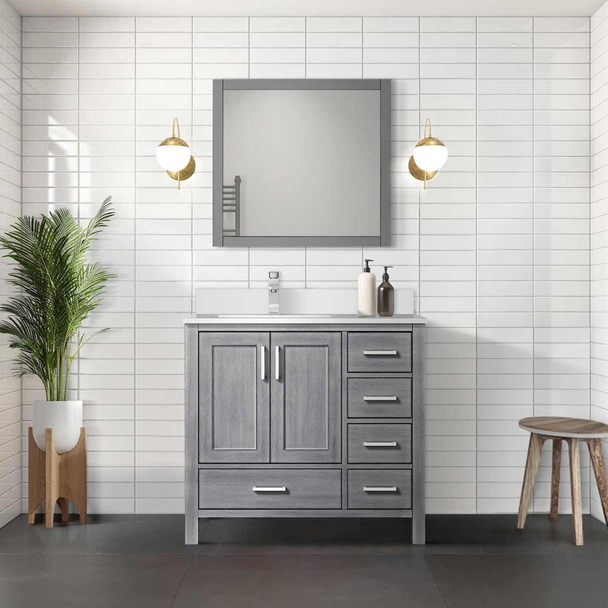 Jacques 36" Distressed Grey Single Vanity, White Quartz Top, White Square Sink and 34" Mirror w/ Faucet - Left Version