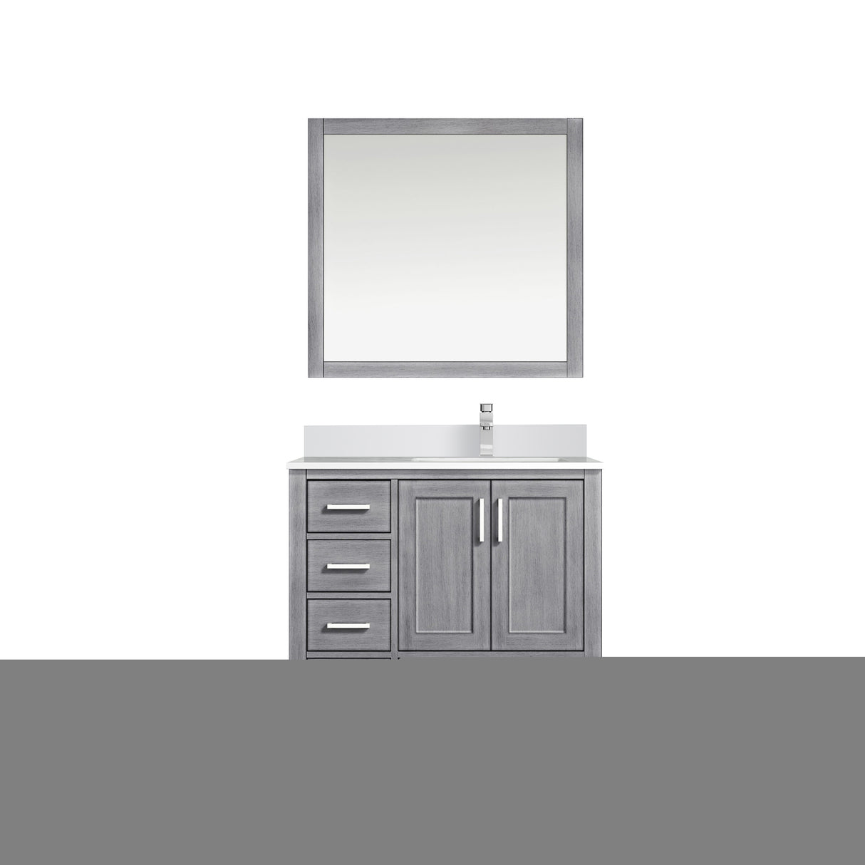 Jacques 36" Distressed Grey Single Vanity, White Quartz Top, White Square Sink and 34" Mirror w/ Faucet - Right Version