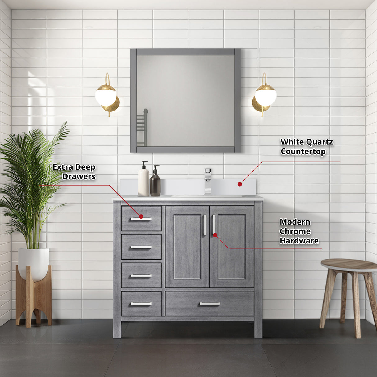 Jacques 36" Distressed Grey Single Vanity, White Quartz Top, White Square Sink and 34" Mirror w/ Faucet - Right Version