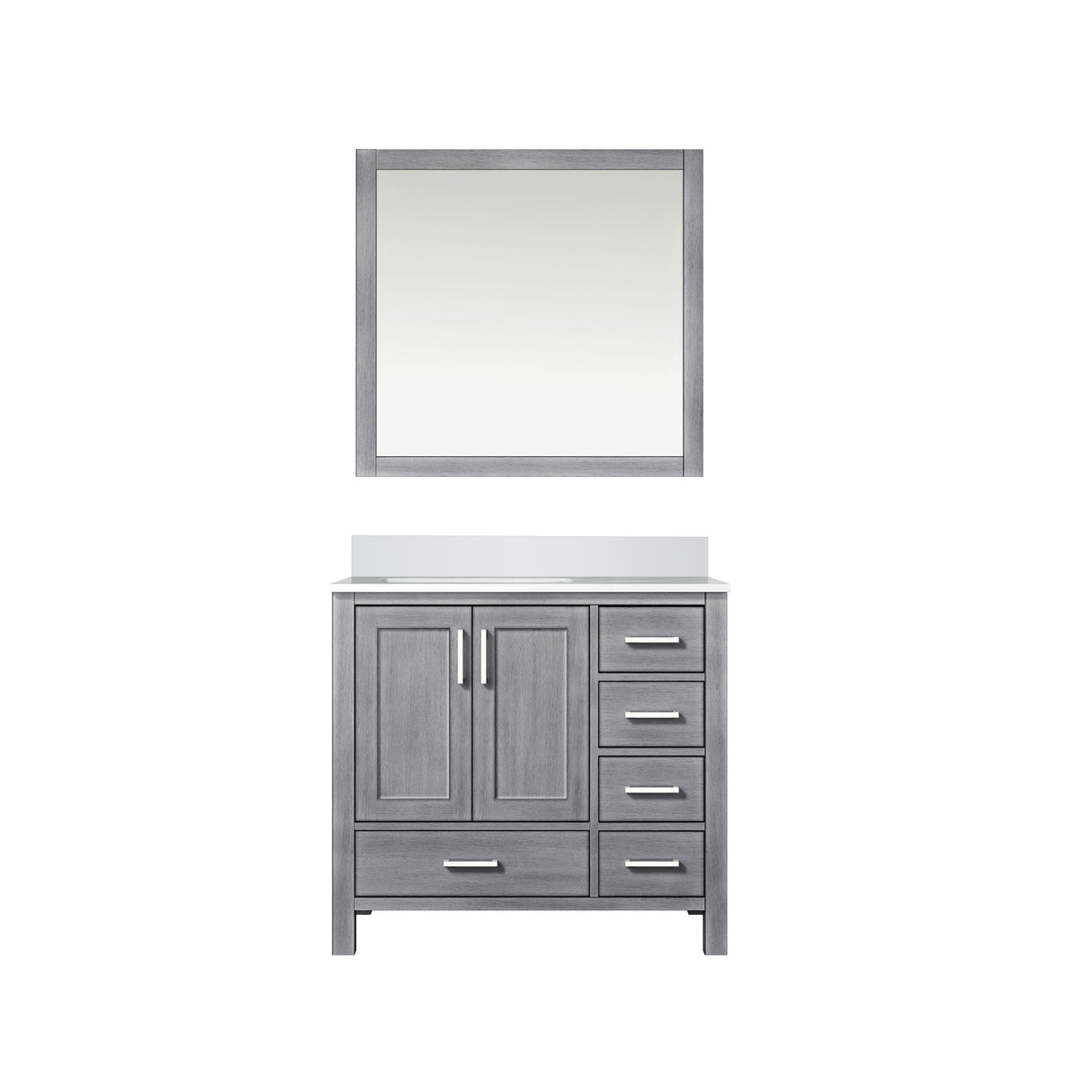Jacques 36" Distressed Grey Single Vanity, White Quartz Top, White Square Sink and 34" Mirror - Left Version