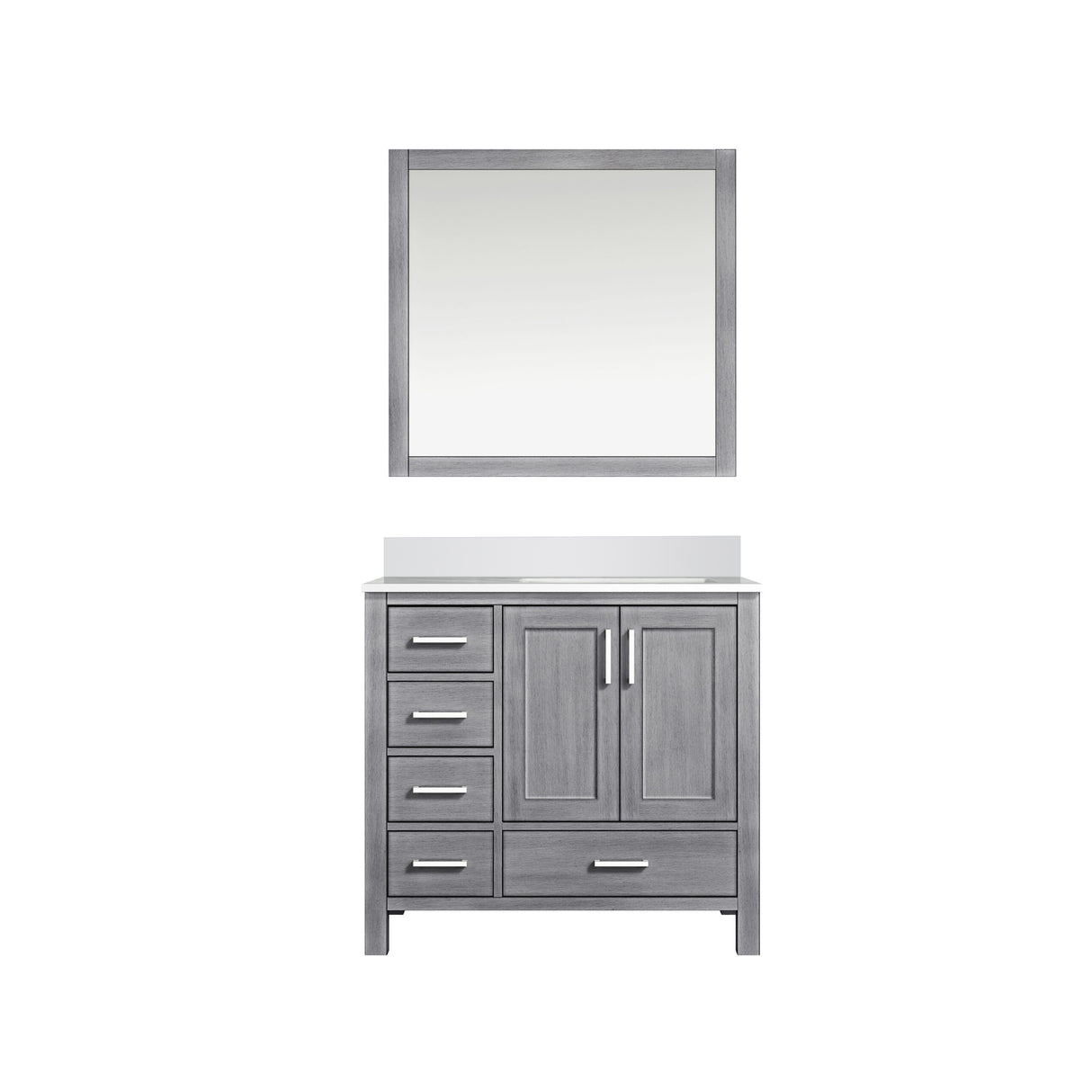 Jacques 36" Distressed Grey Single Vanity, White Quartz Top, White Square Sink and 34" Mirror - Right Version