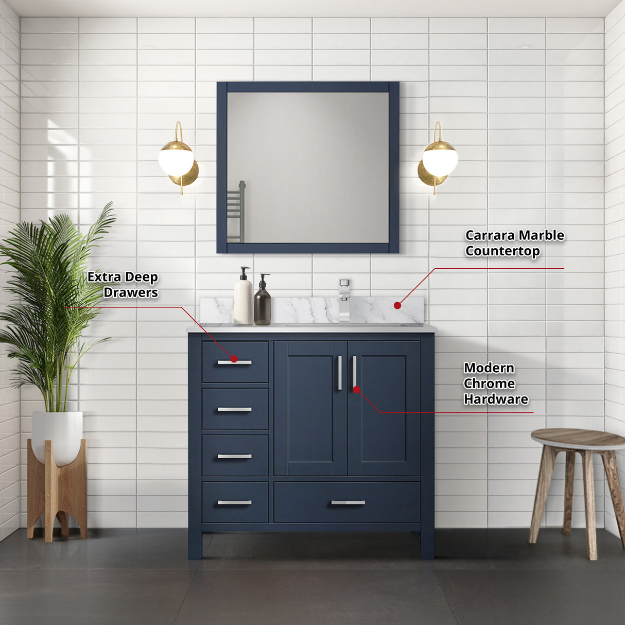 Jacques 30 in. Right Freestanding Bathroom Vanity with White Carrara Marble Top, White Square Sink