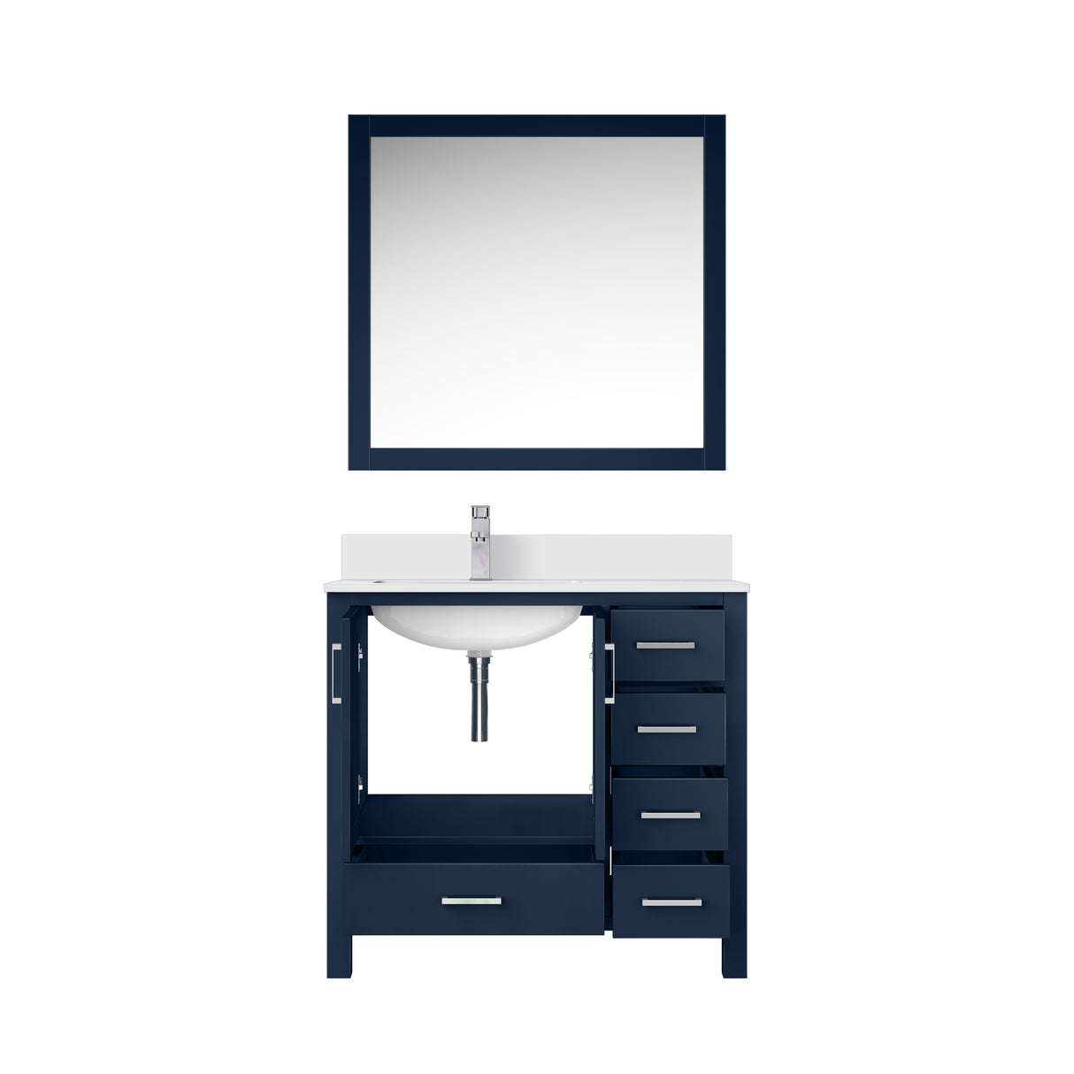 Jacques 36" Navy Blue Single Vanity, White Quartz Top, White Square Sink and 34" Mirror w/ Faucet - Left Version