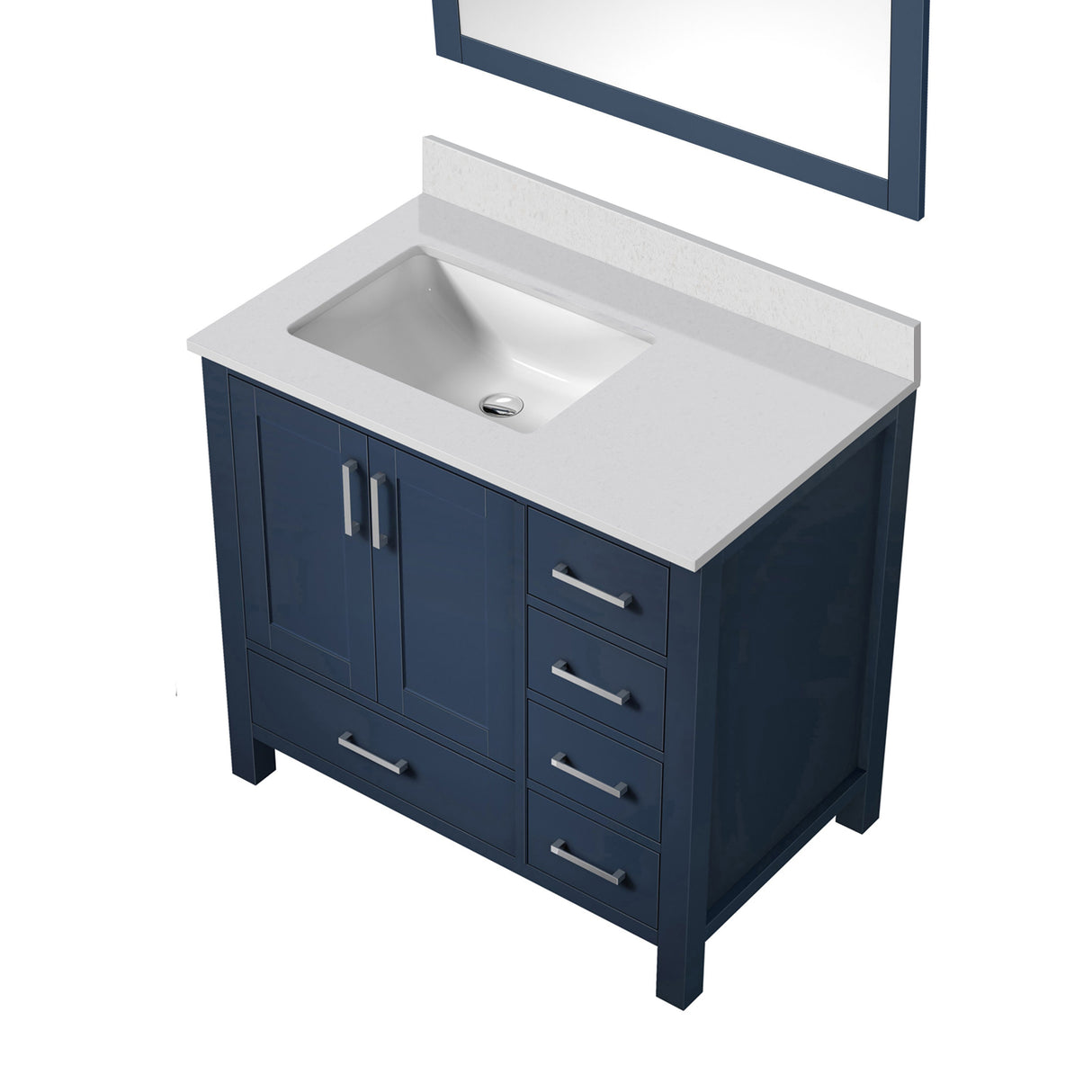 Jacques 36" Navy Blue Single Vanity, White Quartz Top, White Square Sink and 34" Mirror - Left Version
