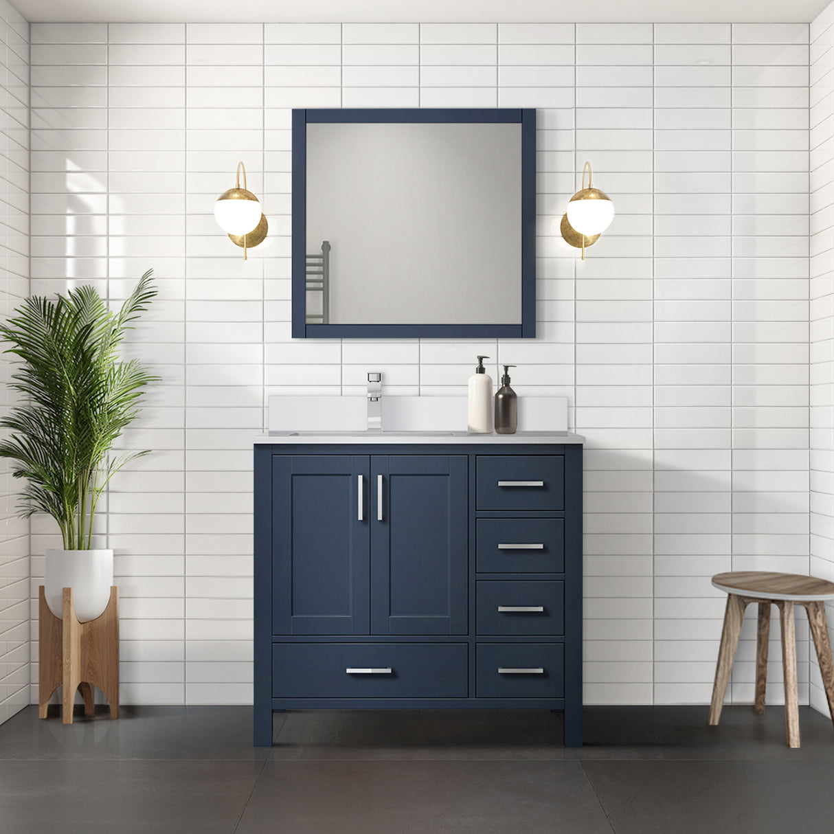 Jacques 36" Navy Blue Single Vanity, White Quartz Top, White Square Sink and 34" Mirror - Left Version