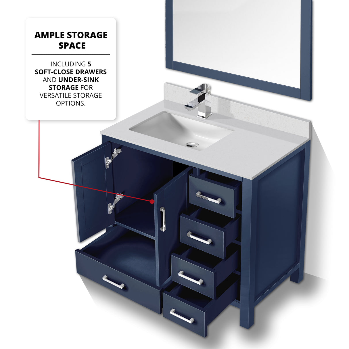 Jacques 36" Navy Blue Single Vanity, White Quartz Top, White Square Sink and 34" Mirror w/ Faucet - Left Version