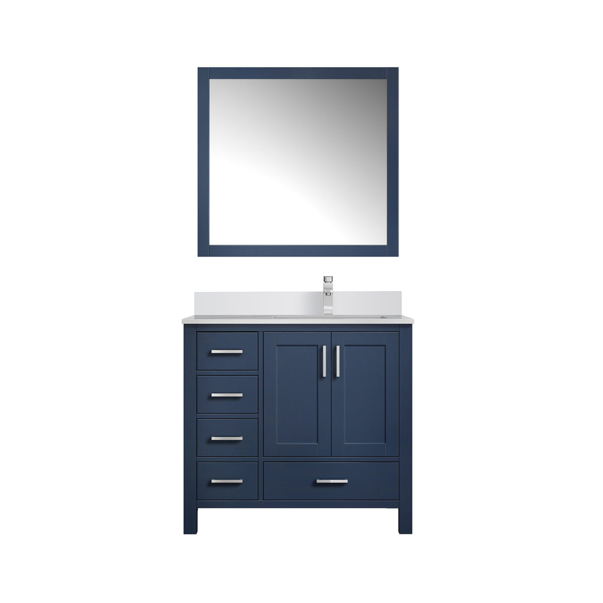 Jacques 36" Navy Blue Single Vanity, White Quartz Top, White Square Sink and 34" Mirror w/ Faucet - Right Version