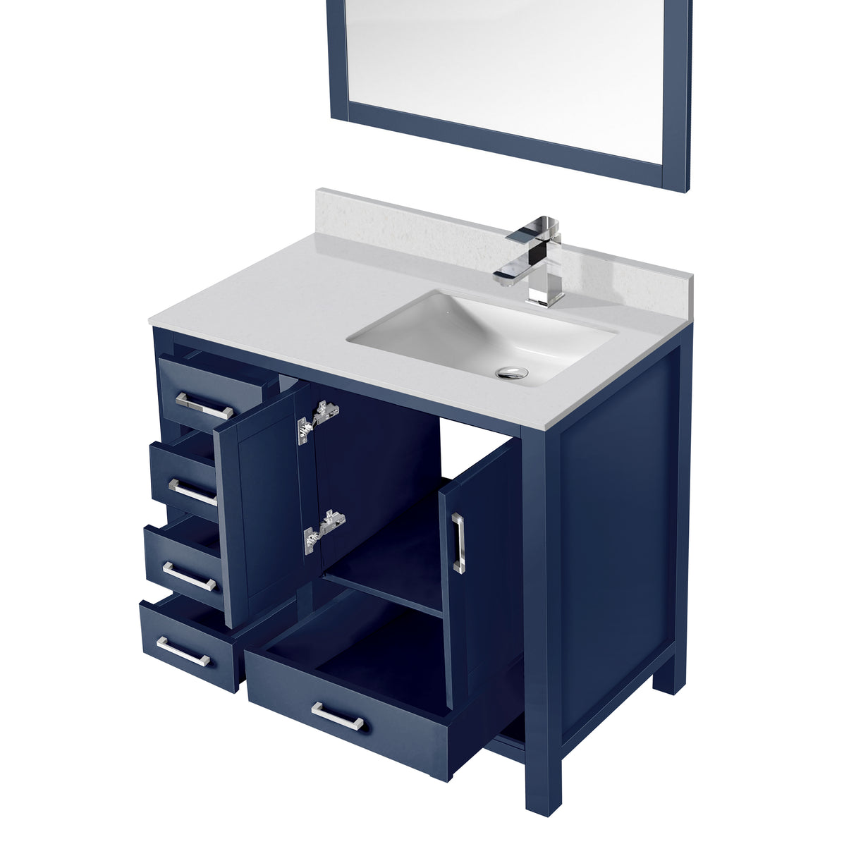 Jacques 36" Navy Blue Single Vanity, White Quartz Top, White Square Sink and 34" Mirror w/ Faucet - Right Version