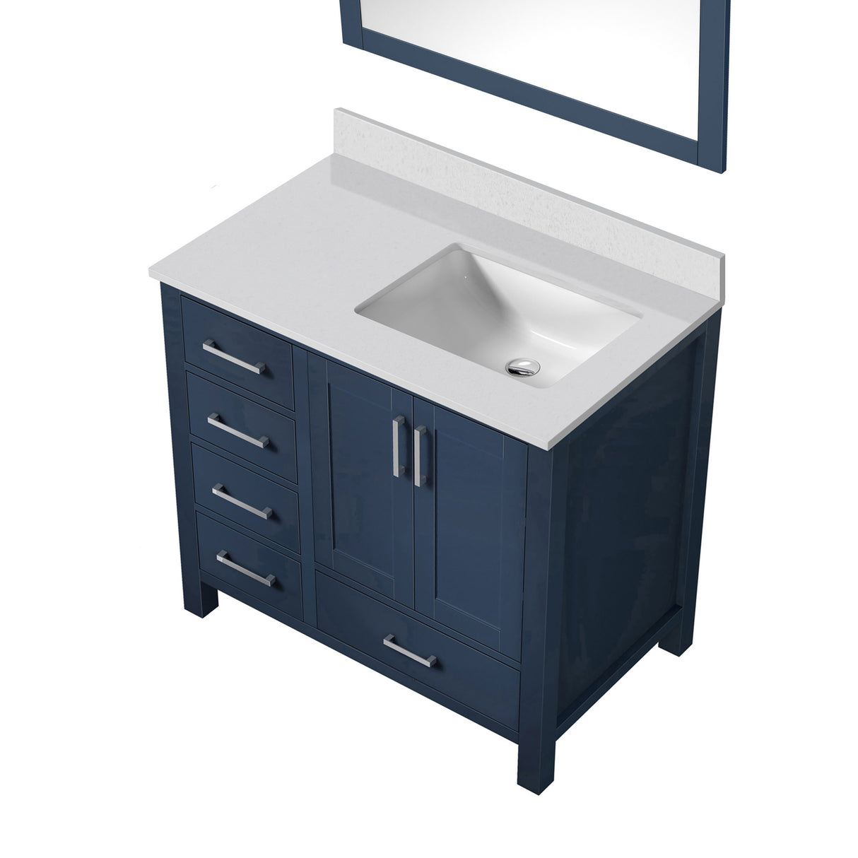 Jacques 36" Navy Blue Single Vanity, White Quartz Top, White Square Sink and 34" Mirror - Right Version