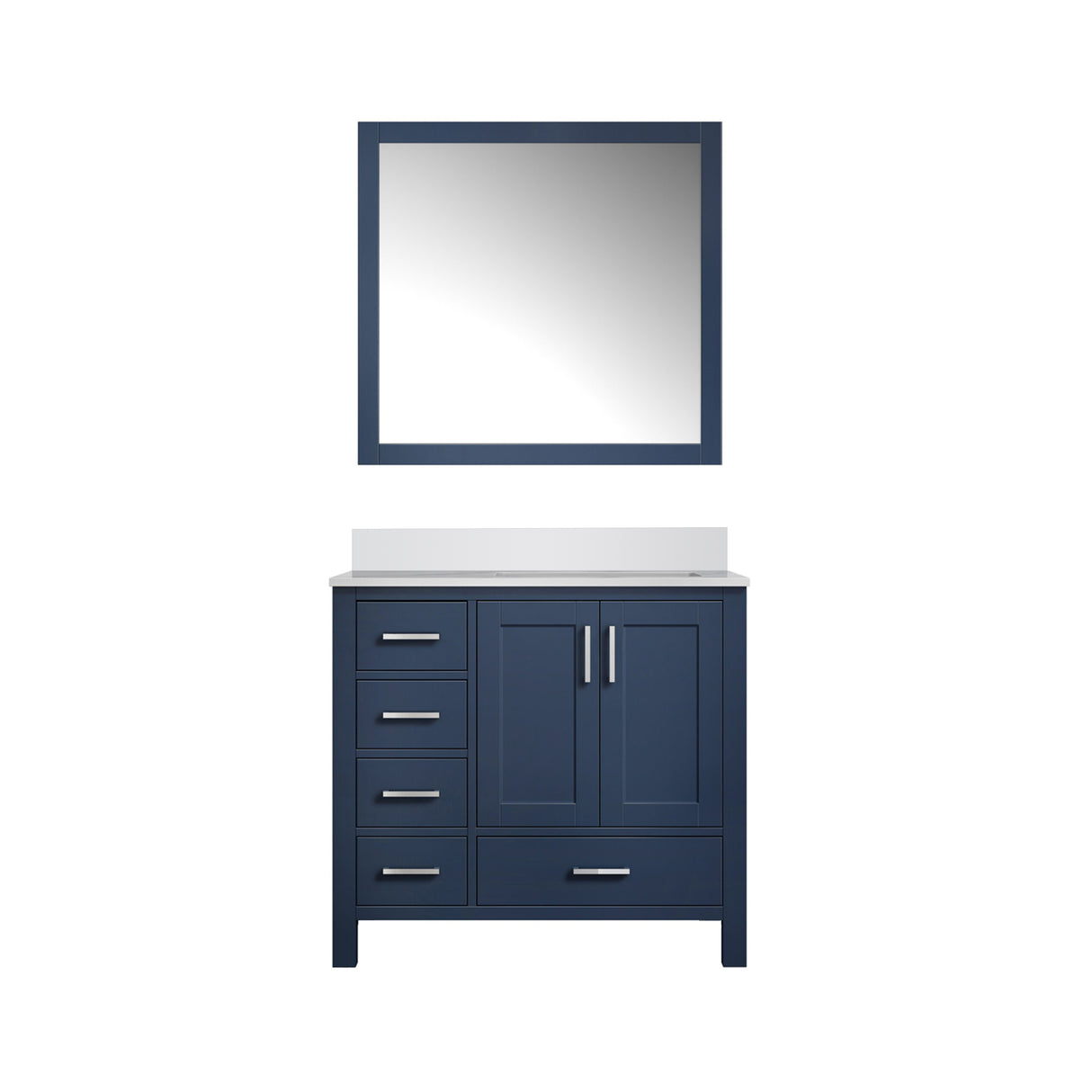 Jacques 36" Navy Blue Single Vanity, White Quartz Top, White Square Sink and 34" Mirror - Right Version
