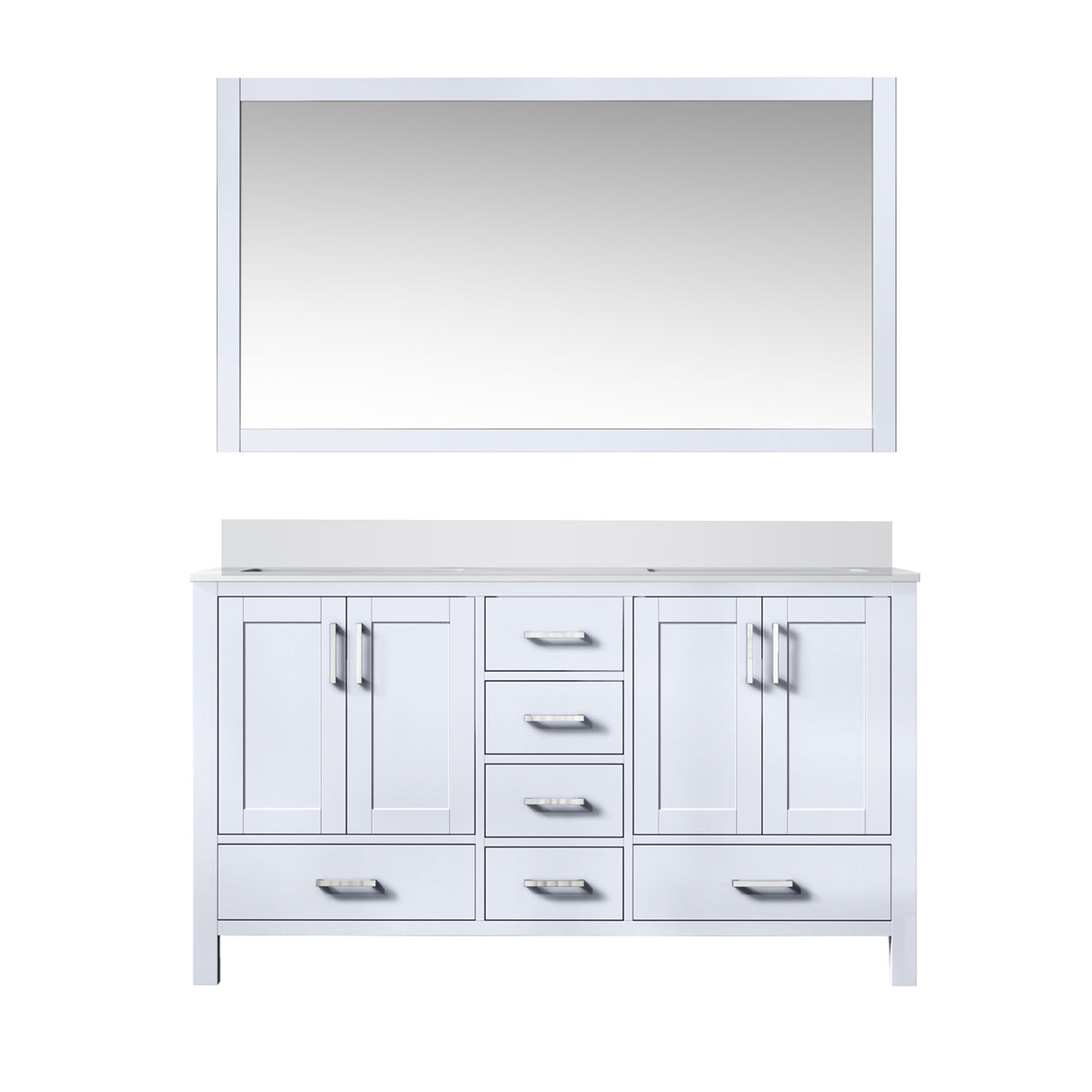 Jacques 60" White Double Vanity, White Quartz Top, White Square Sinks and 58" Mirror