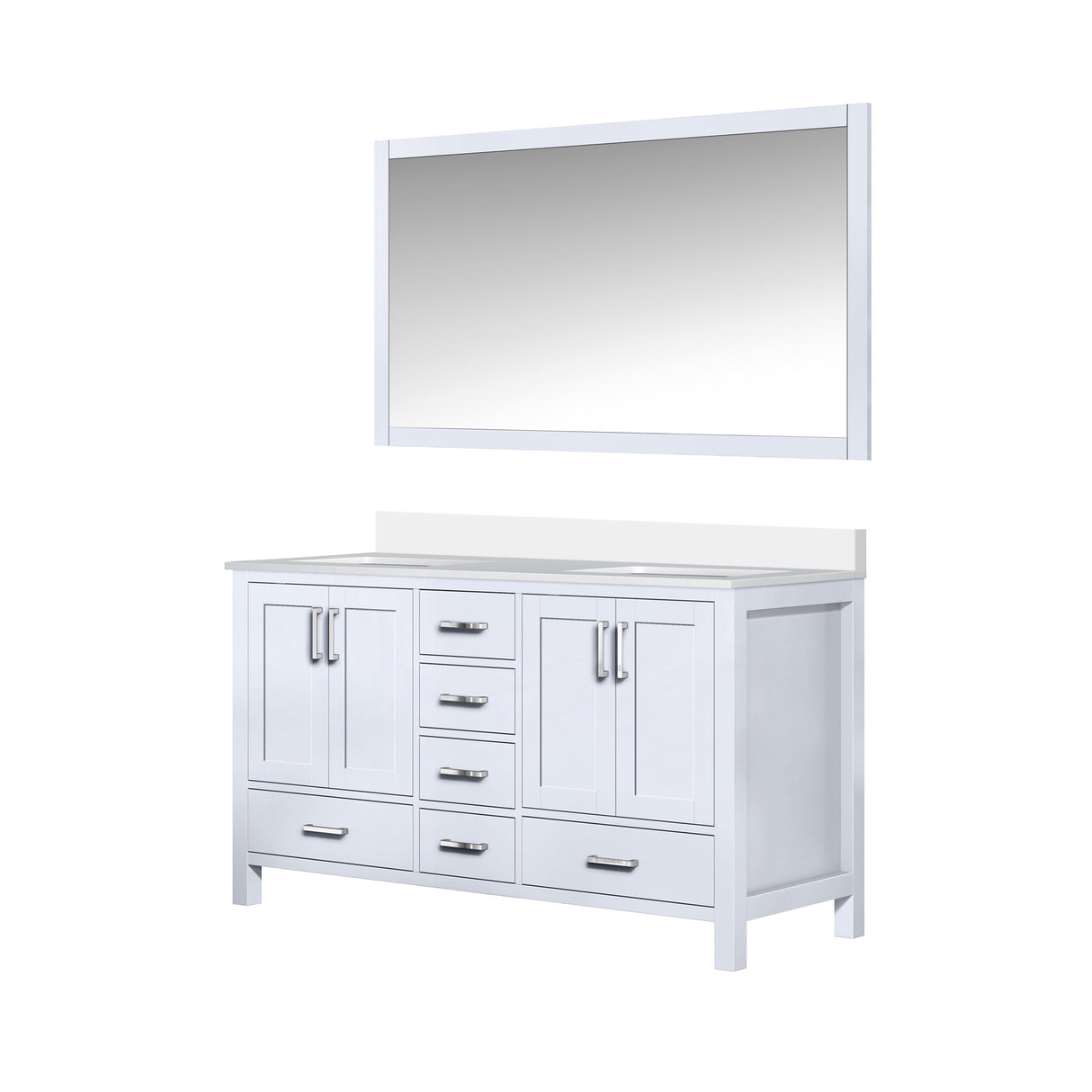 Jacques 60" White Double Vanity, White Quartz Top, White Square Sinks and 58" Mirror