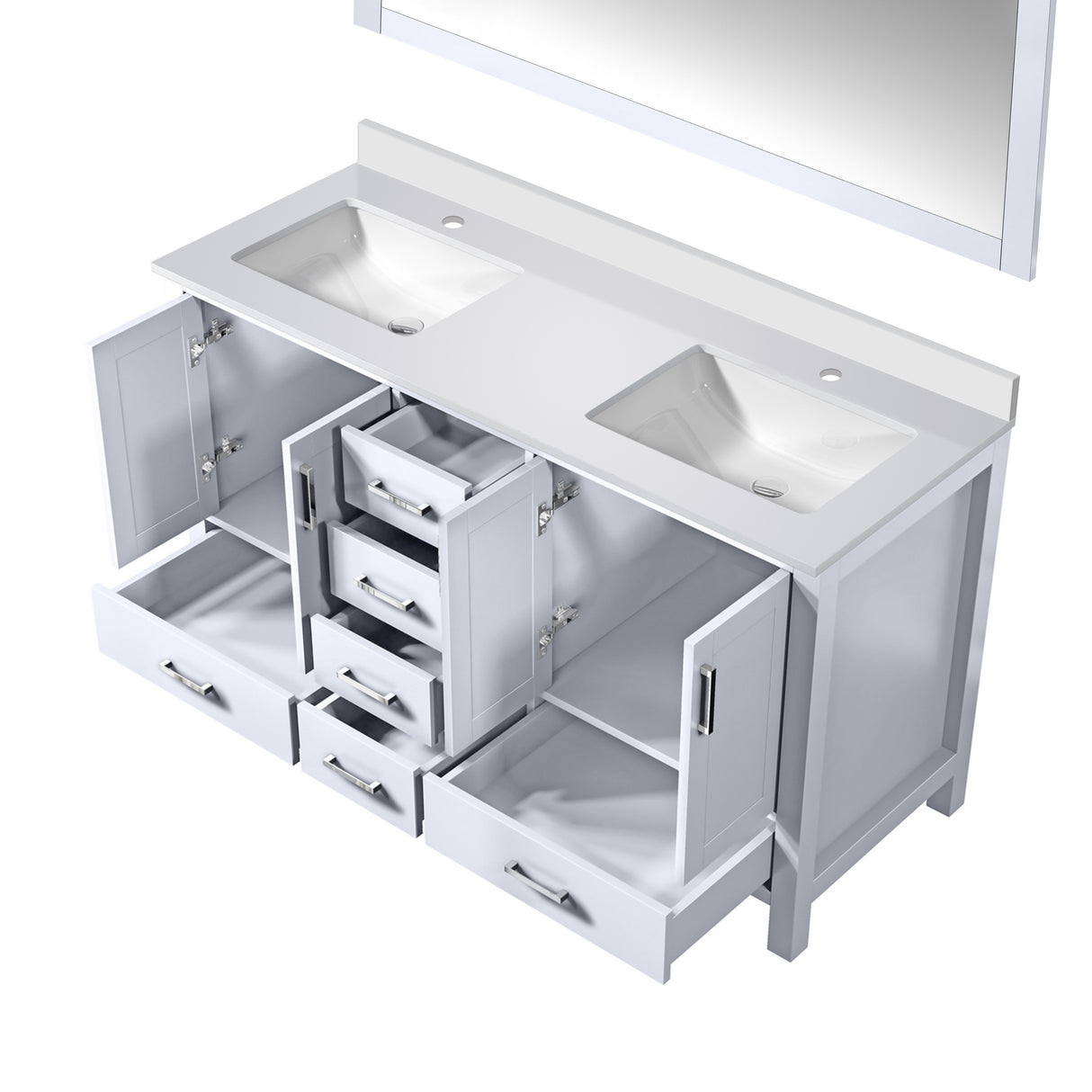 Jacques 60" White Double Vanity, White Quartz Top, White Square Sinks and 58" Mirror