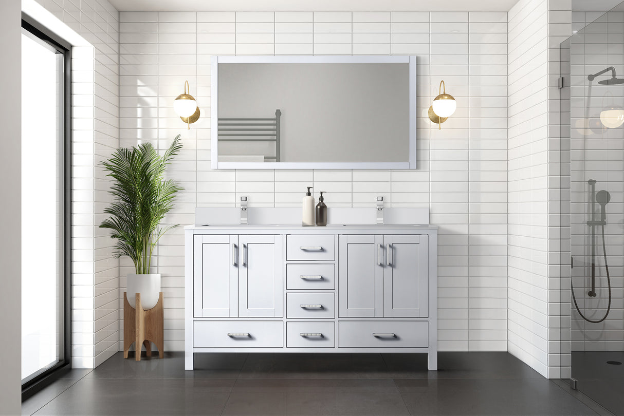 Jacques 60" White Double Vanity, White Quartz Top, White Square Sinks and 58" Mirror w/ Faucets