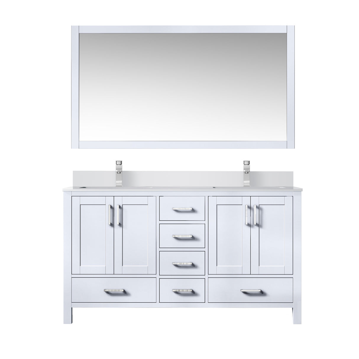 Jacques 60" White Double Vanity, White Quartz Top, White Square Sinks and 58" Mirror w/ Faucets