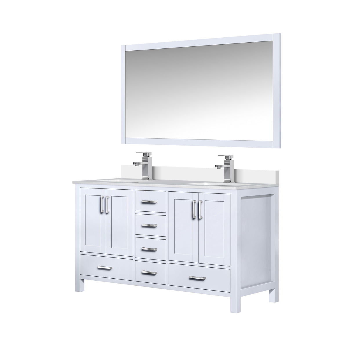 Jacques 60" White Double Vanity, White Quartz Top, White Square Sinks and 58" Mirror w/ Faucets