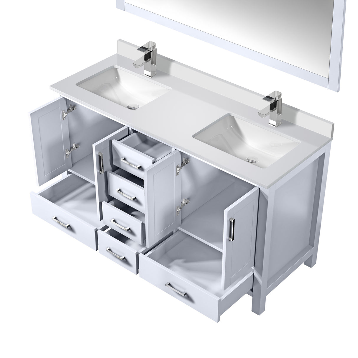 Jacques 60" White Double Vanity, White Quartz Top, White Square Sinks and 58" Mirror w/ Faucets