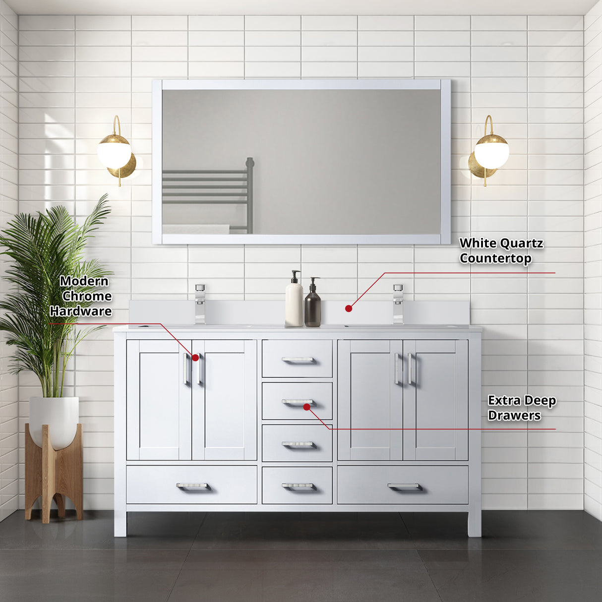 Jacques 60" White Double Vanity, White Quartz Top, White Square Sinks and 58" Mirror