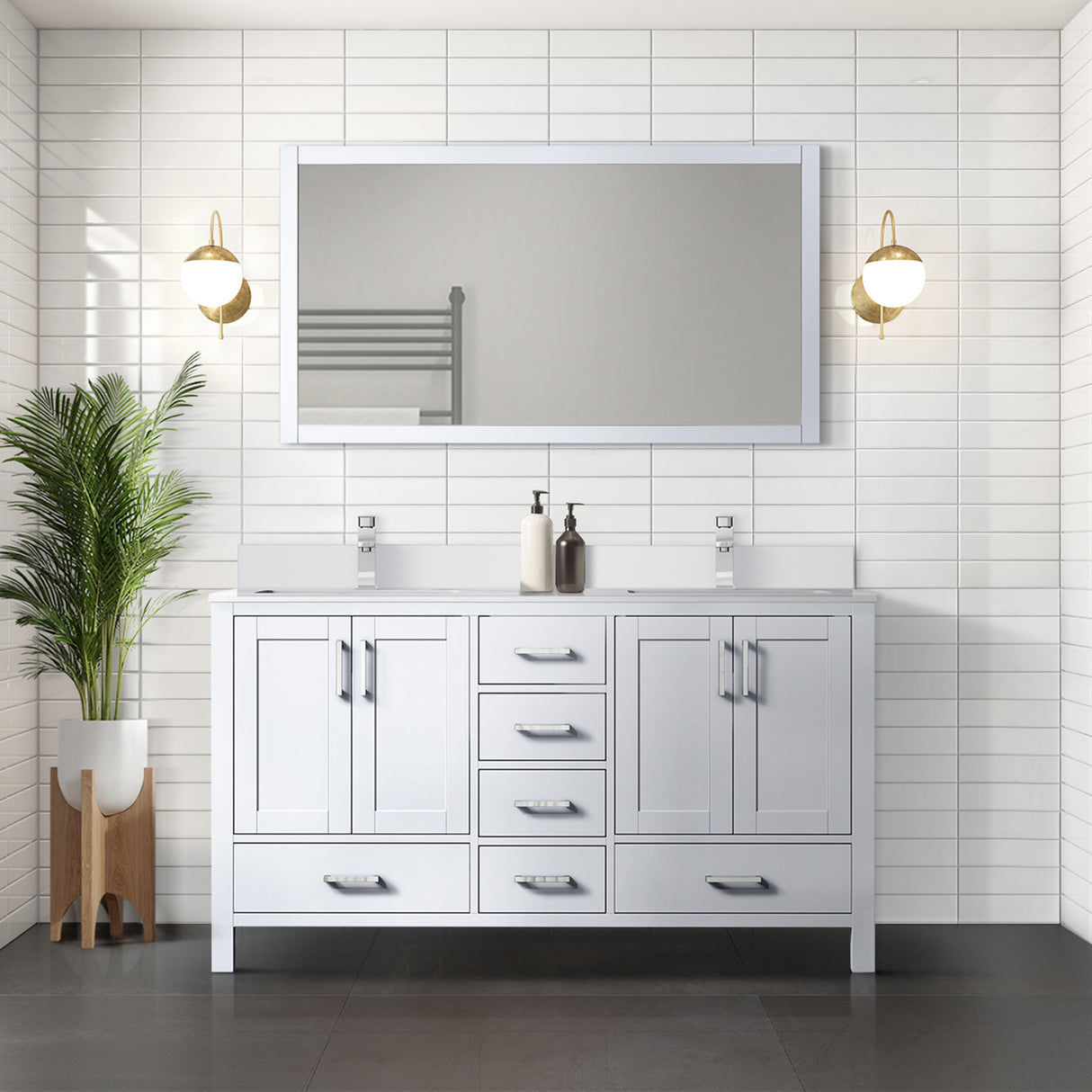 Jacques 60" White Double Vanity, White Quartz Top, White Square Sinks and 58" Mirror w/ Faucets
