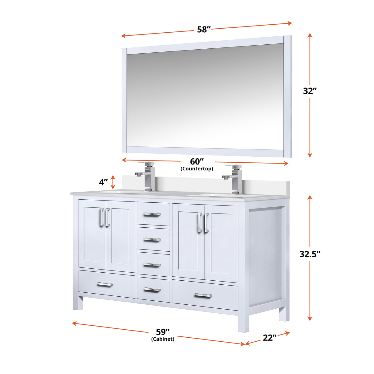 Jacques 60" White Double Vanity, White Quartz Top, White Square Sinks and 58" Mirror w/ Faucets