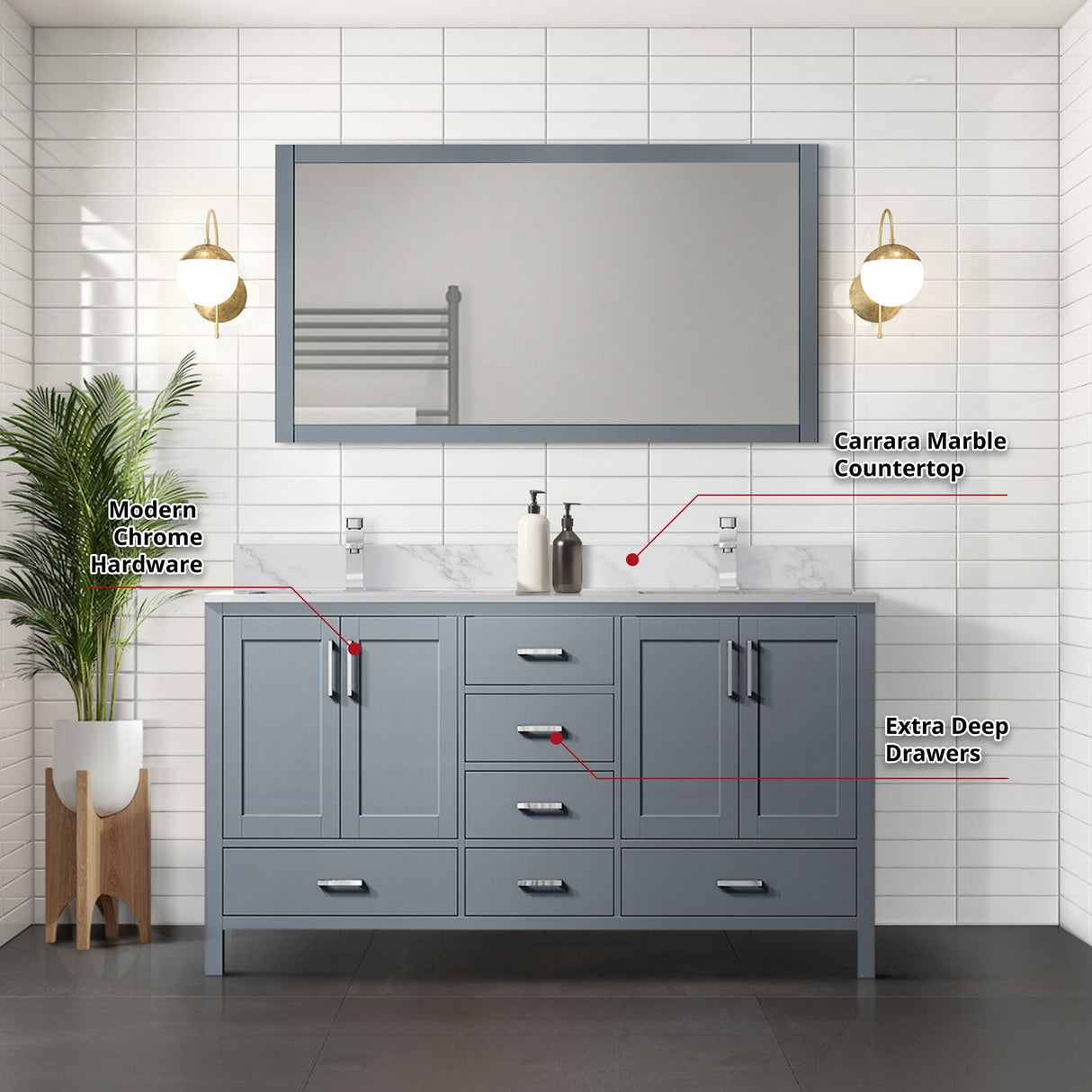 Jacques 60 in. Freestanding Bathroom Vanity with White Carrara Marble Top, White Square Sink