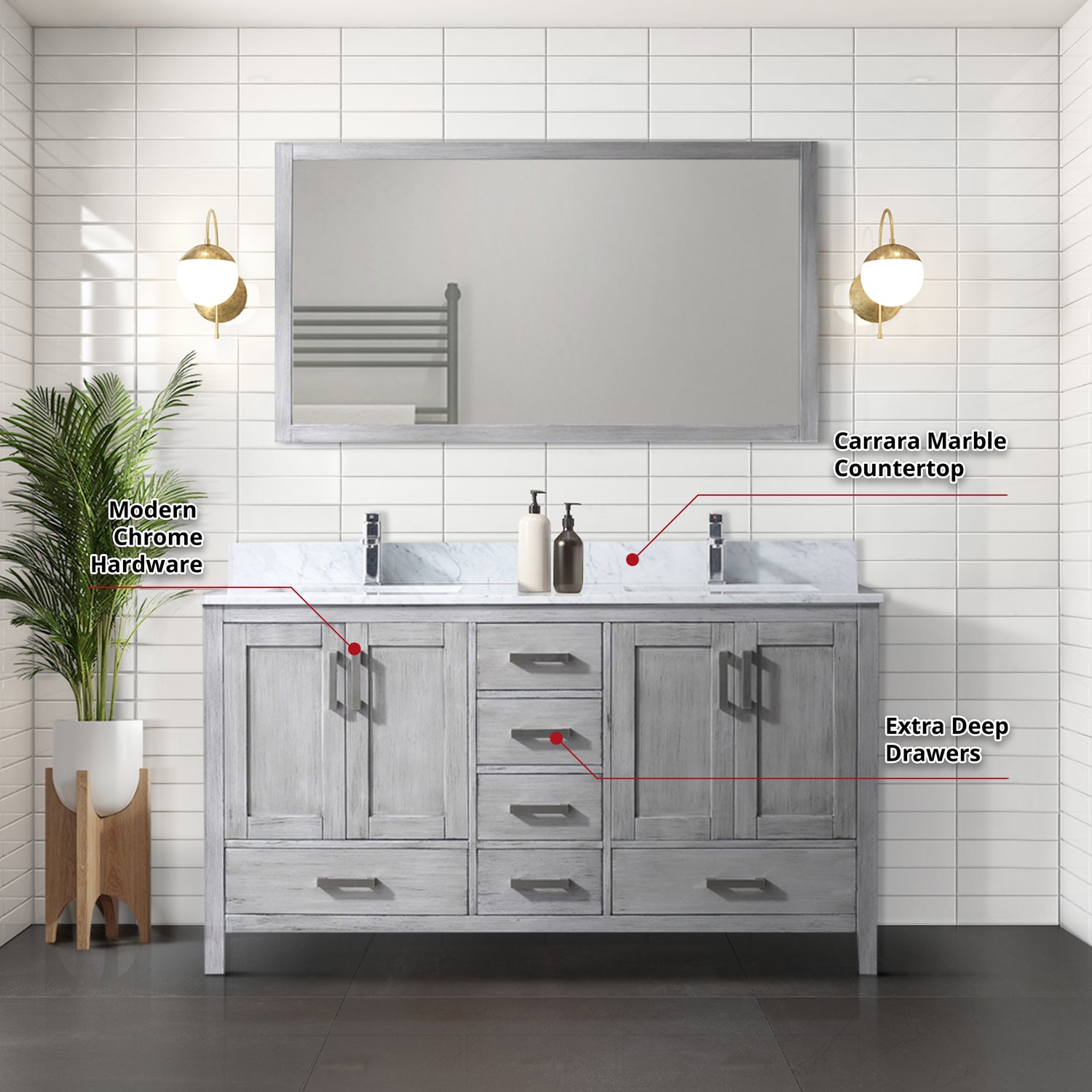 Jacques 60 in. Freestanding Bathroom Vanity with White Carrara Marble Top, White Square Sink