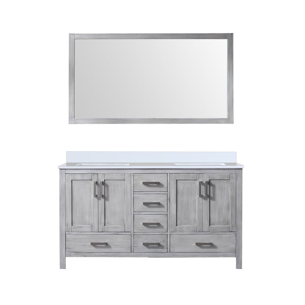 Jacques 60" Distressed Grey Double Vanity, White Quartz Top, White Square Sinks and 58" Mirror