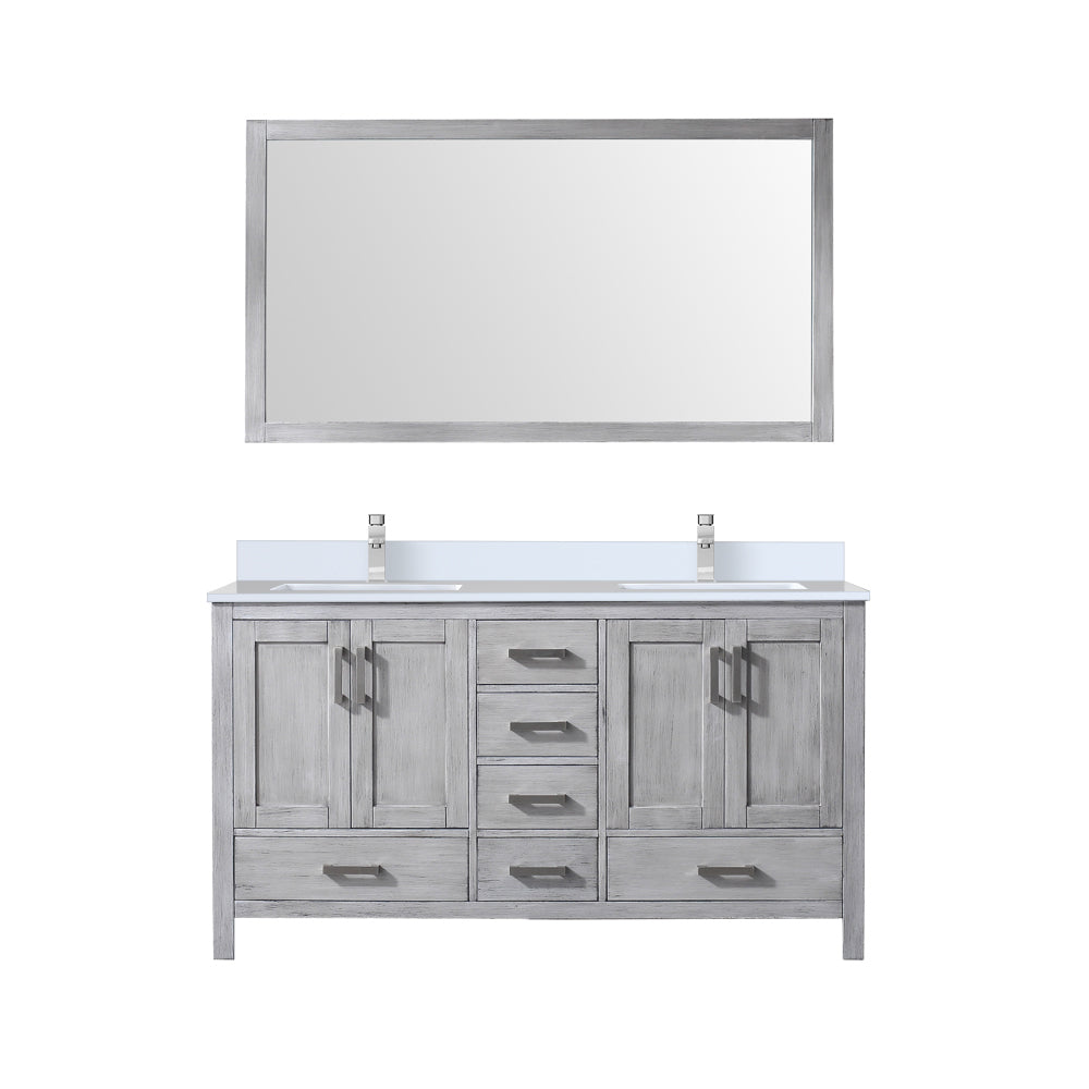 Jacques 60" Distressed Grey Double Vanity, White Quartz Top, White Square Sinks and 58" Mirror w/ Faucets