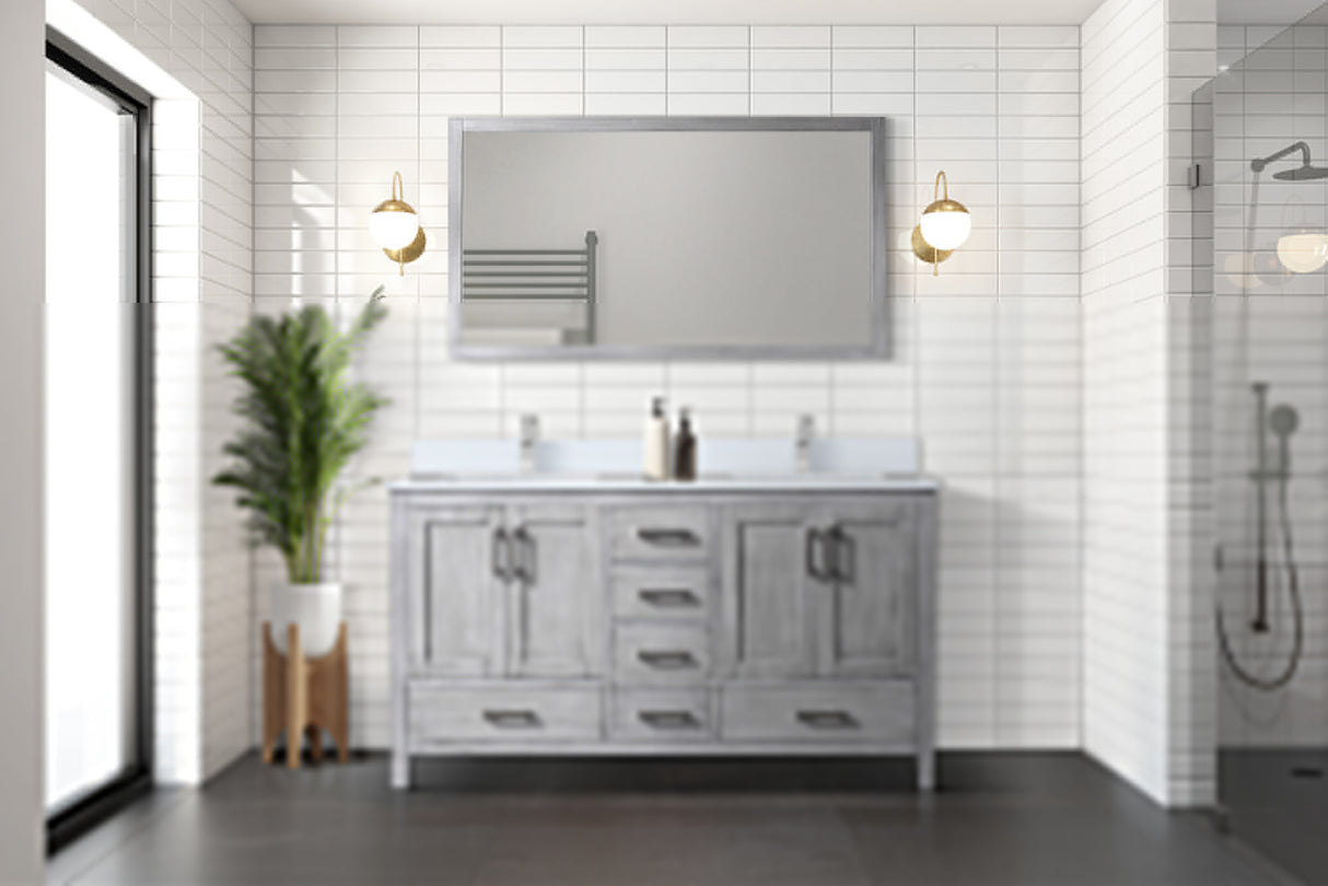 Jacques 60" Distressed Grey Double Vanity, White Quartz Top, White Square Sinks and 58" Mirror