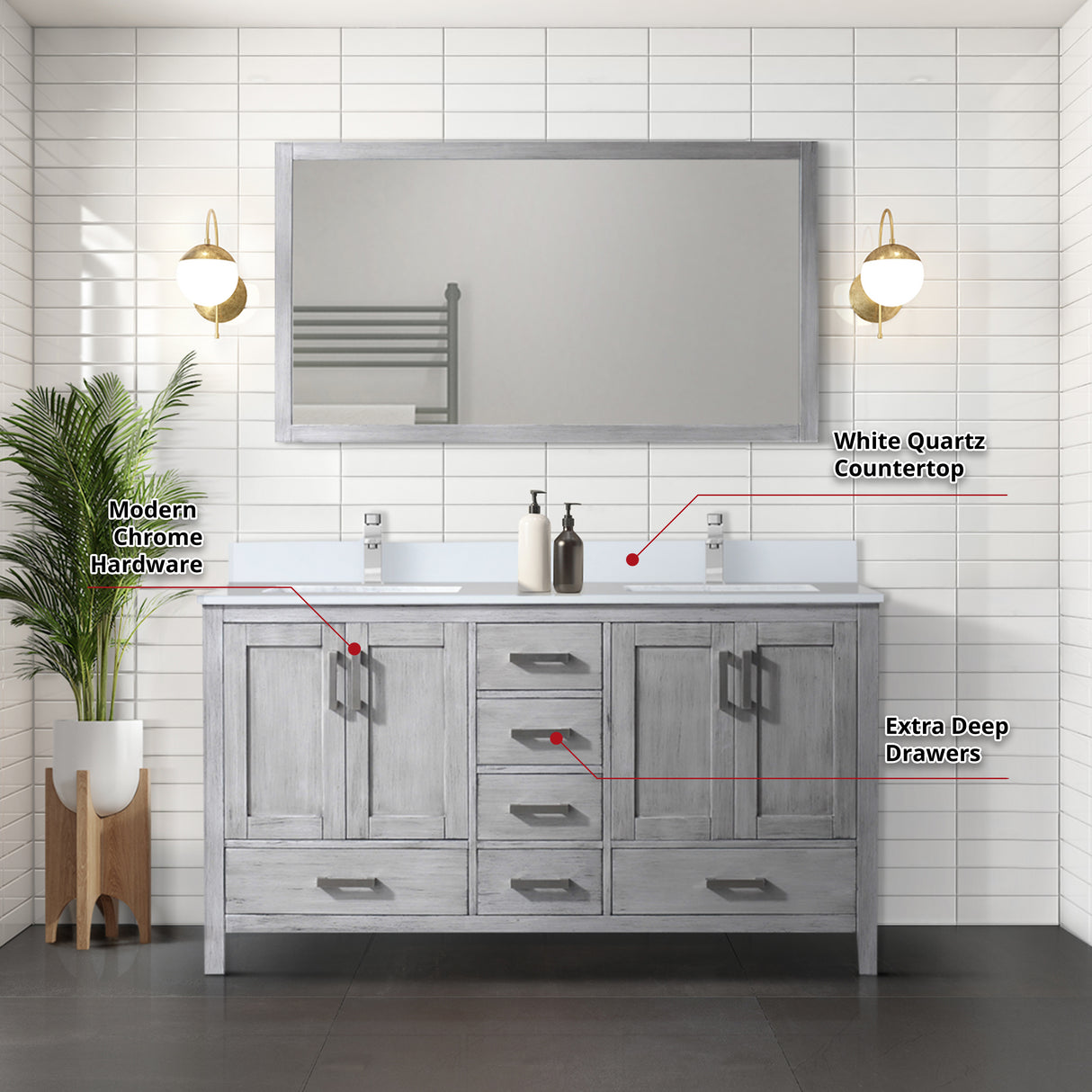 Jacques 60" Distressed Grey Double Vanity, White Quartz Top, White Square Sinks and 58" Mirror