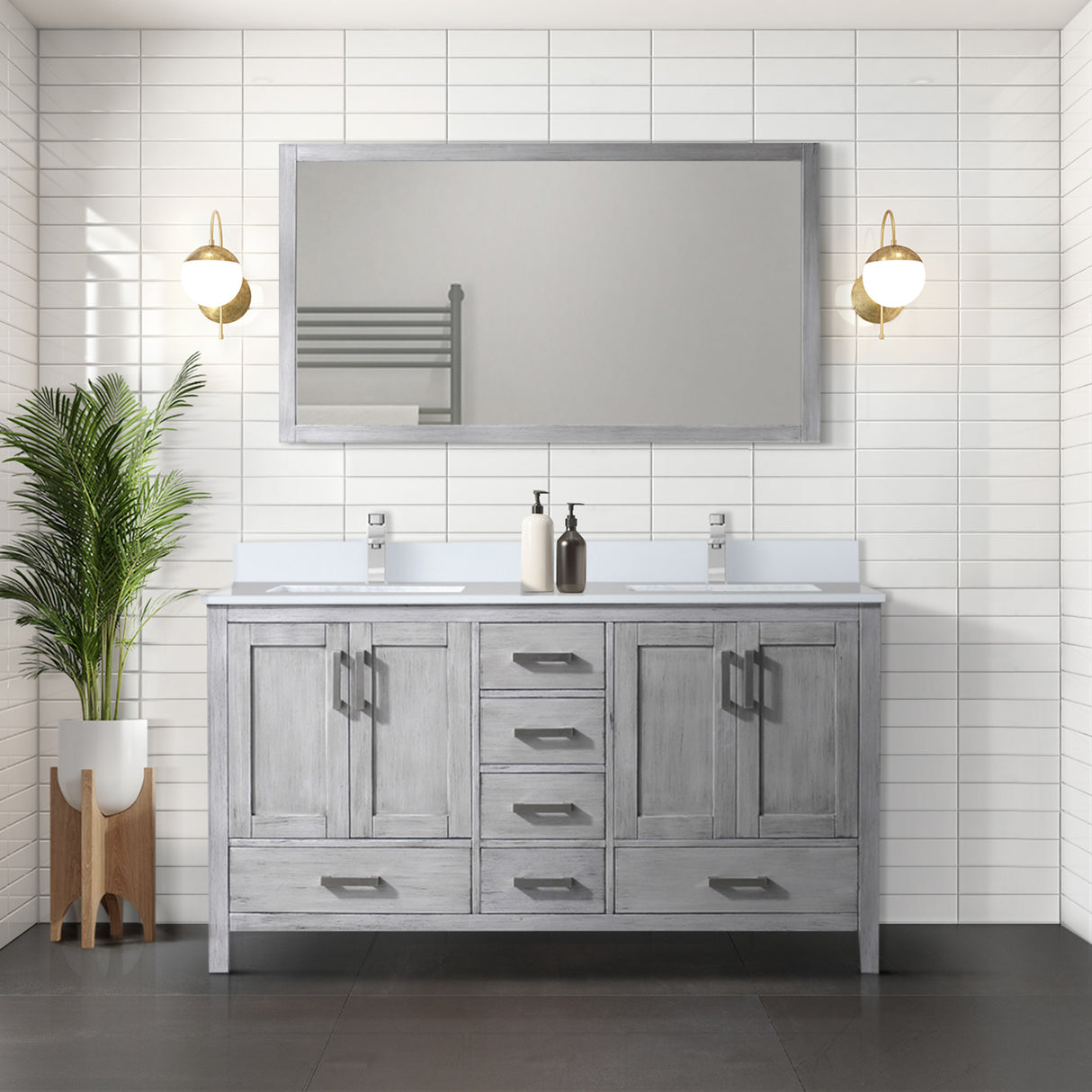 Jacques 60" Distressed Grey Double Vanity, White Quartz Top, White Square Sinks and 58" Mirror w/ Faucets