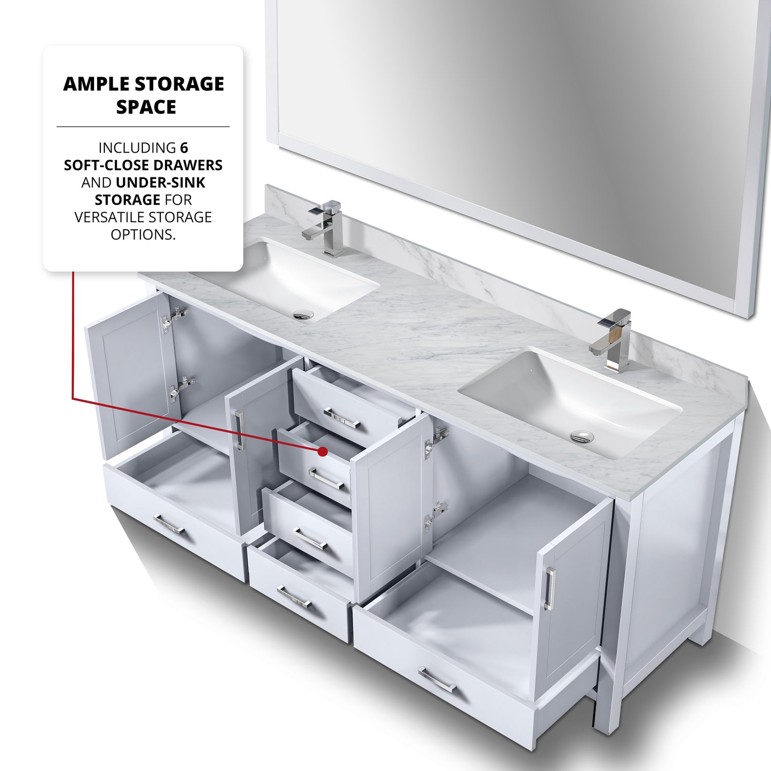 Jacques 72 in. Freestanding Bathroom Vanity With Undermount Ceramic Sink, White Carrara Marble