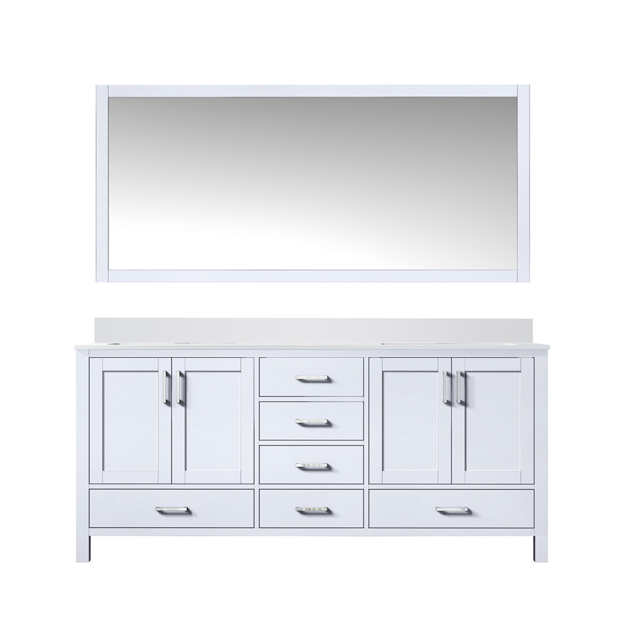 Jacques 72" White Double Vanity, White Quartz Top, White Square Sinks and 70" Mirror