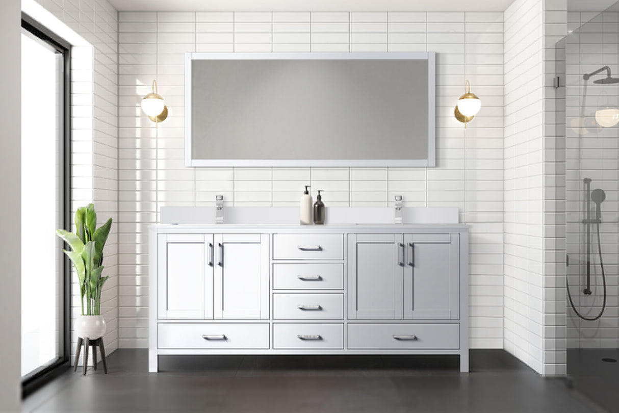 Jacques 72" White Double Vanity, White Quartz Top, White Square Sinks and 70" Mirror w/ Faucets