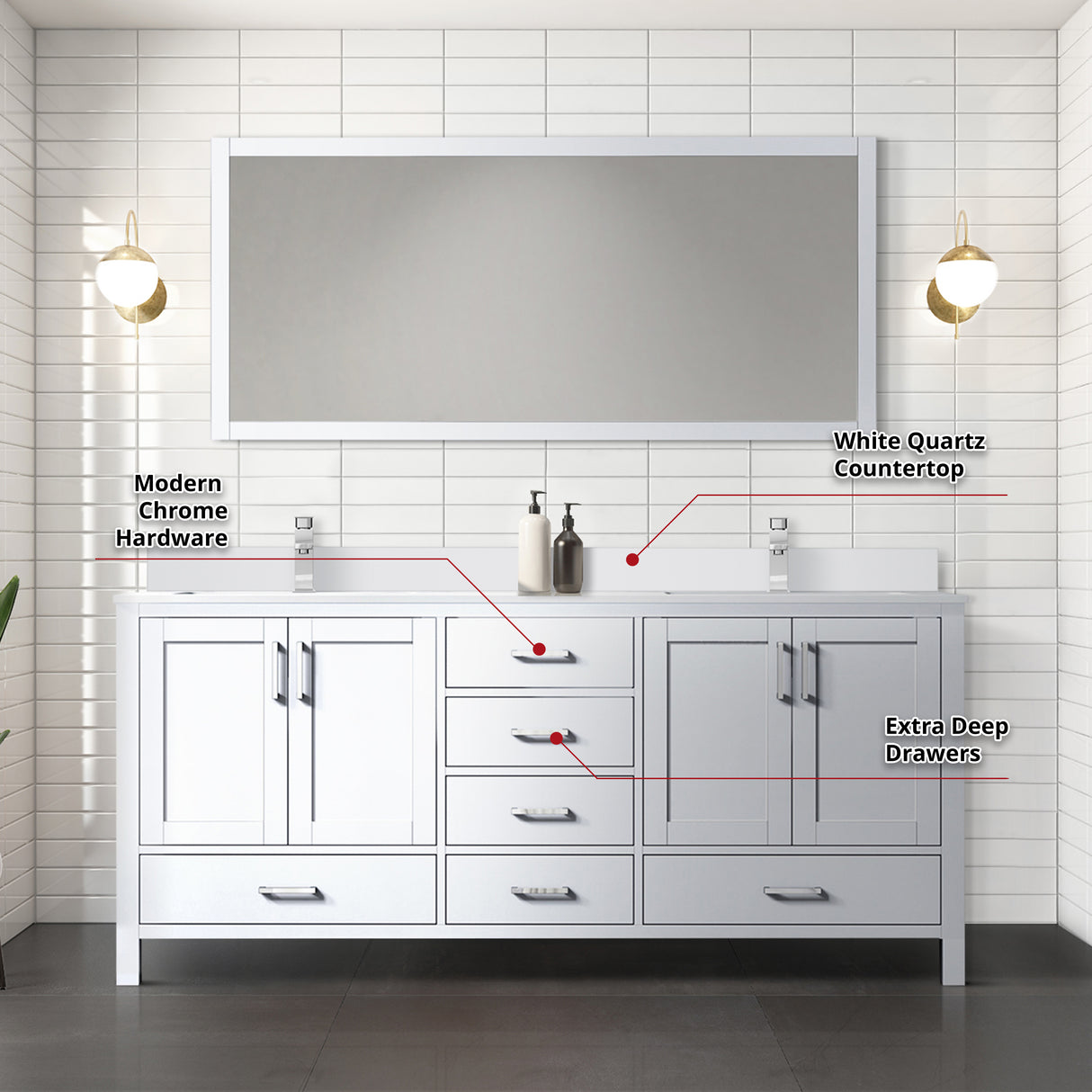 Jacques 72" White Double Vanity, White Quartz Top, White Square Sinks and 70" Mirror w/ Faucets