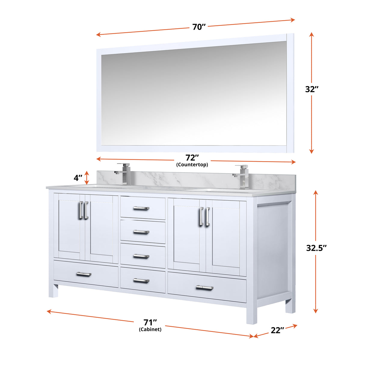 Jacques 72" White Double Vanity, White Quartz Top, White Square Sinks and 70" Mirror w/ Faucets