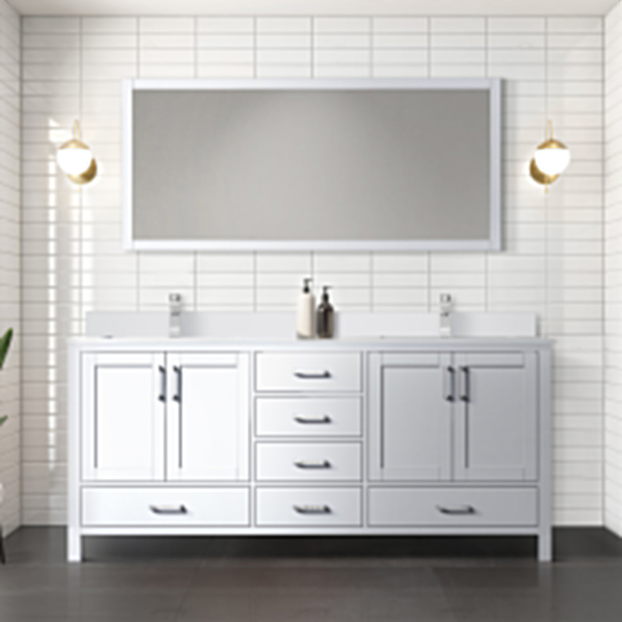 Jacques 72" White Double Vanity, White Quartz Top, White Square Sinks and 70" Mirror