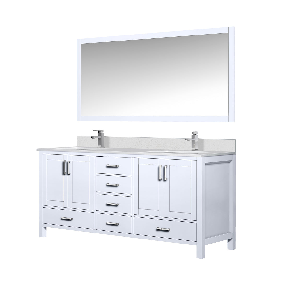 Jacques 72" White Double Vanity, White Quartz Top, White Square Sinks and 70" Mirror w/ Faucets
