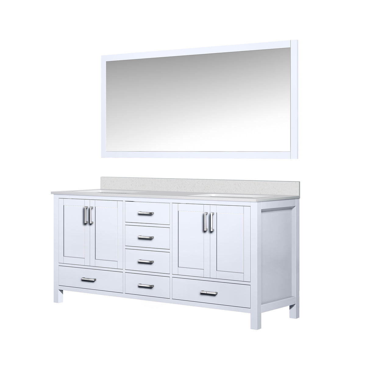 Jacques 72" White Double Vanity, White Quartz Top, White Square Sinks and 70" Mirror