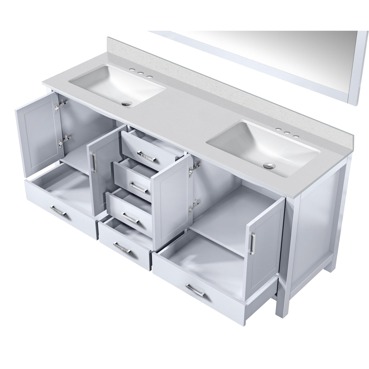 Jacques 72" White Double Vanity, White Quartz Top, White Square Sinks and 70" Mirror