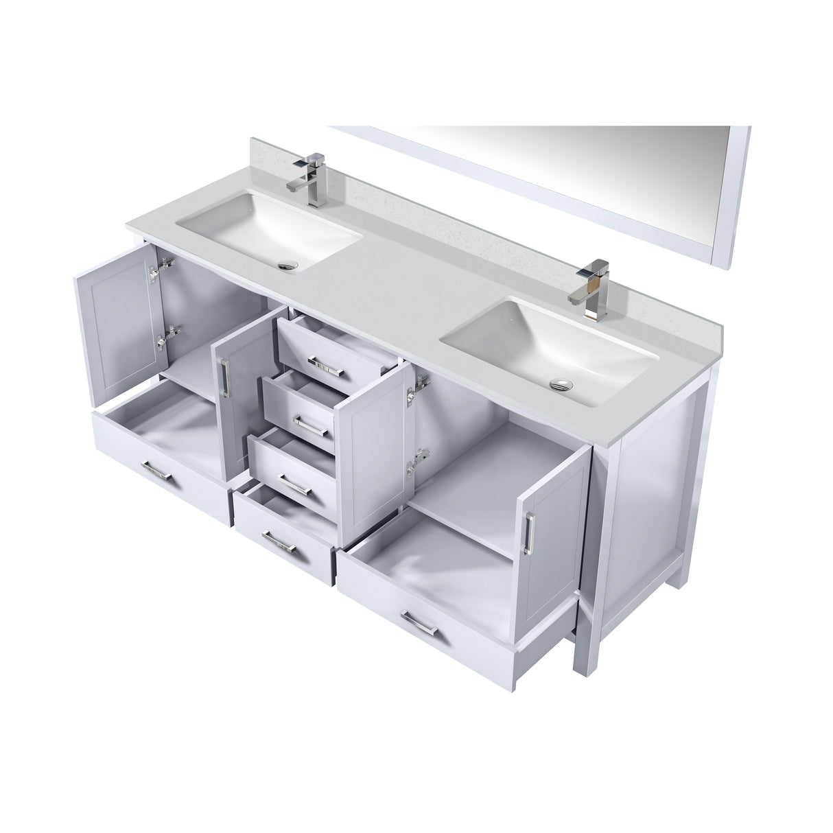 Jacques 72" White Double Vanity, White Quartz Top, White Square Sinks and 70" Mirror w/ Faucets