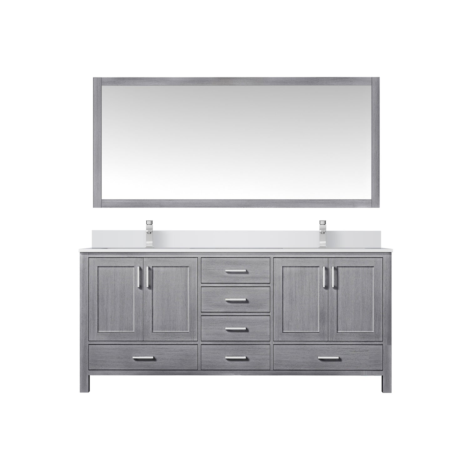 Jacques 72" Distressed Grey Double Vanity, White Quartz Top, White Square Sinks and 70" Mirror w/ Faucets
