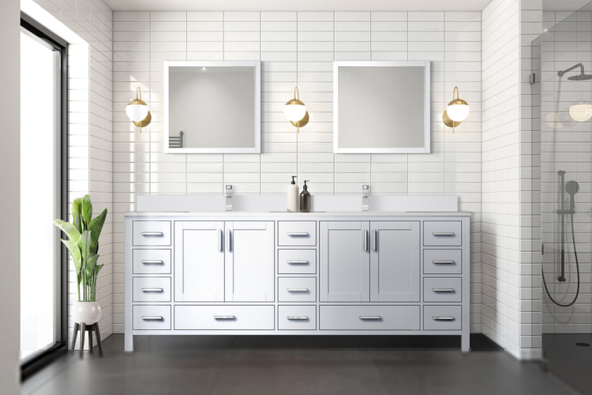 Jacques 84" White Double Vanity, White Quartz Top, White Square Sinks and 34" Mirrors w/ Faucets
