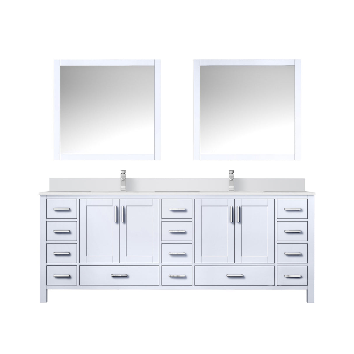 Jacques 84" White Double Vanity, White Quartz Top, White Square Sinks and 34" Mirrors w/ Faucets